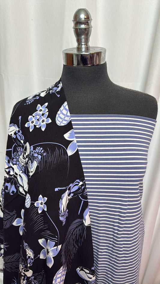 STRIPE/DEADPOOL FLORAL BUNDLE : 2YD Stripe Organic C/S Jersey (70" Wide) & 2YD Deadpool Floral Rayon Challis : A28036