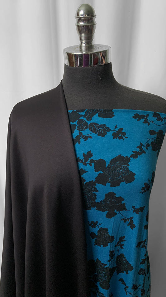 BLACK/BLUE FLORAL BUNDLE : 2YD Black Scuba & 2YD Blue/Black Floral Bamboo : A25007