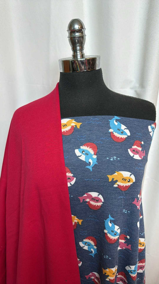 RED/SANTA SHARK BUNDLE : 1+YD Red SuperPlush & 32" Cut of Santa Shark PRS FT : A28754