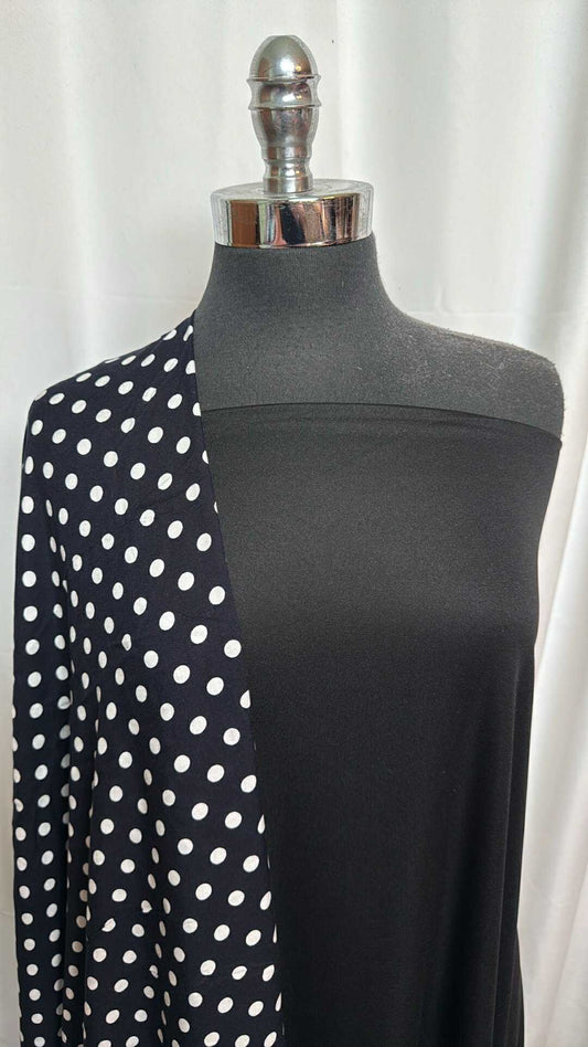 BLACK/POLKA DOT BUNDLE : 2YD Black Poly Interlock Lining & 2YD Polka Dot Rayon Challis : A27555