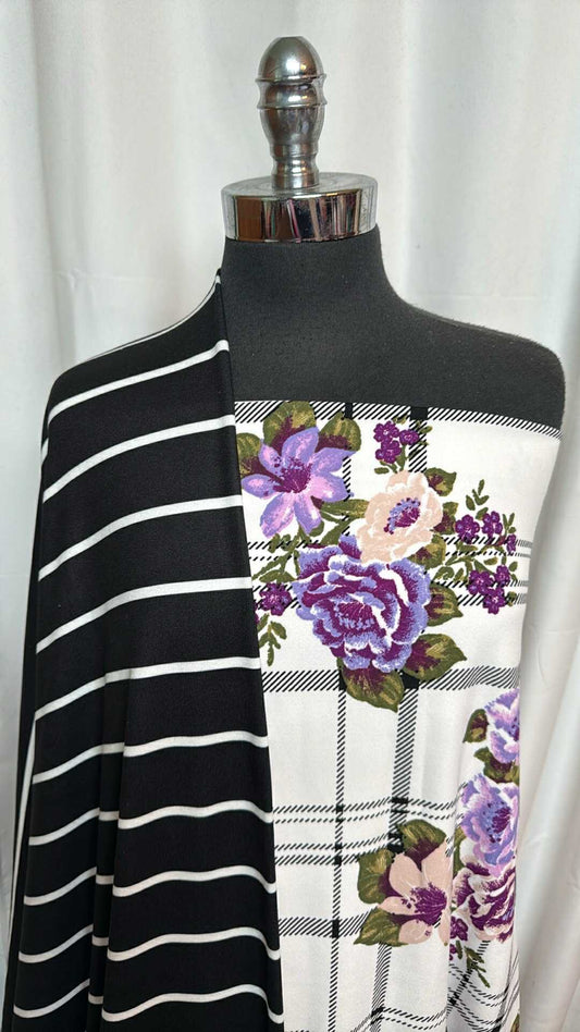 FLORAL PLAID/BLACK STRIPE BUNDLE : 2YD Floral Plaid Crepe Scuba & 2YD Black Stripe Oakley SK : A28586