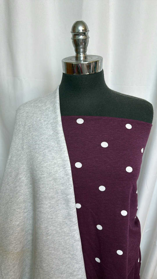 GREY/PLUM DOT BUNDLE : 2YD Grey Sweatshirt Fleece (72" Wide) & 2YD Plum Dot C/S : A28604