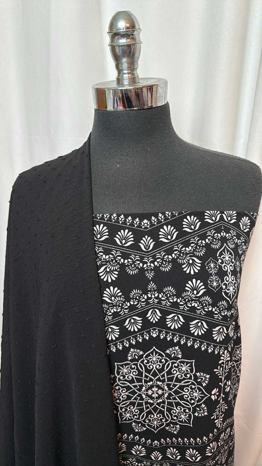 SWISS DOT/MEDALLION BUNDLE : 2YD Black Swiss Dot Woven & 2YD Medallion Bubble Crepe : A27700