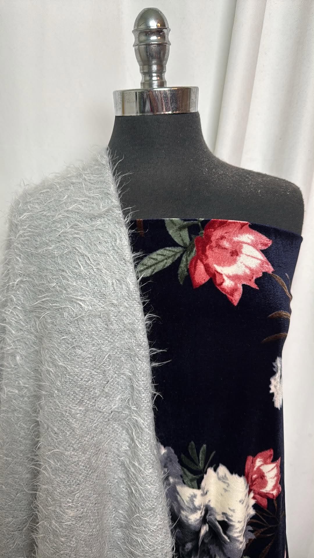 HAIRY/FLORAL VELVET BUNDLE : 2YD Hairy Sweater & 2YD Navy Floral Stretch Velvet : A30788