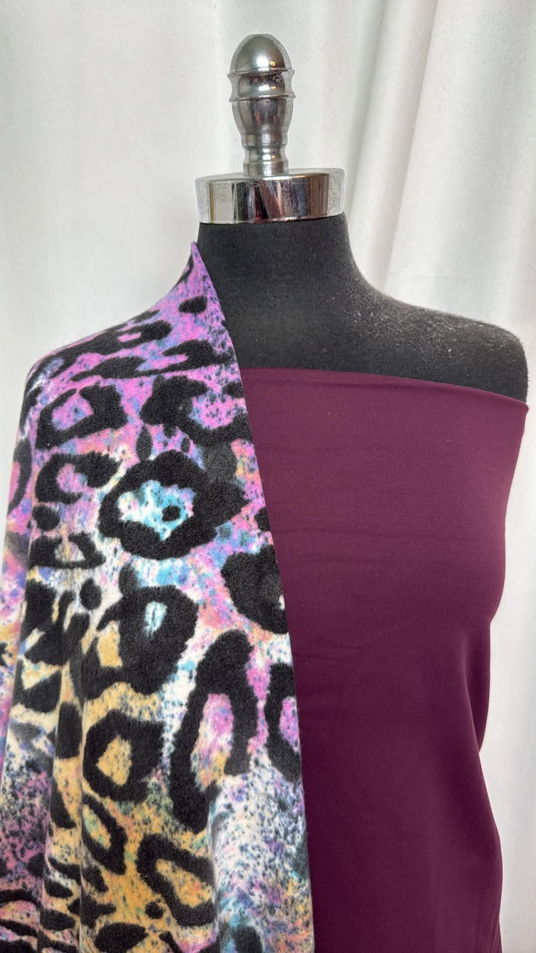 EGGPLANT/LEOPARD BUNDLE :  2YD Eggplant Supplex & 1.5YD Leopard Brushed Hacci SK : A30740