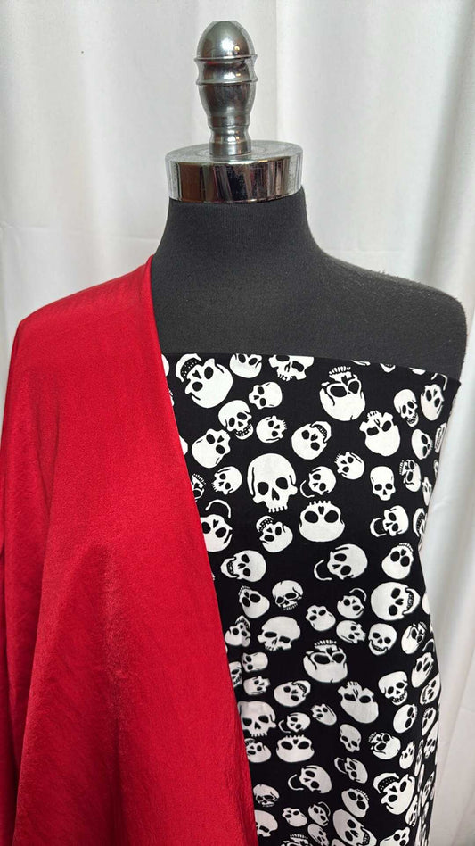 RED/SKULL BUNDLE : 2YD Red Water-Resistant Woven & 2YD Black/White Skulls Flocked Twill : A28085