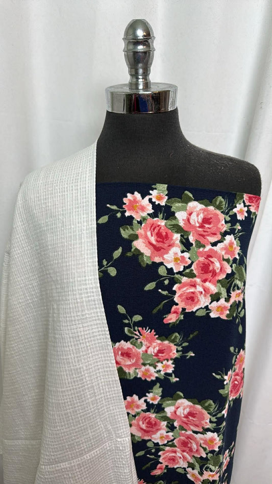 WHITE TEXTURED/BLACK FLORAL BUNDLE : 2YD Black Floral Poly Crepe Woven & 2YD Textured Cotton Woven : A30297