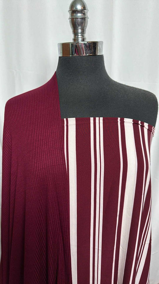 BURGUNDY STRIPE BUNDLE : 3.5YD Stripe Bubble Crepe & 2YD Burgundy R/S Rib : A28972