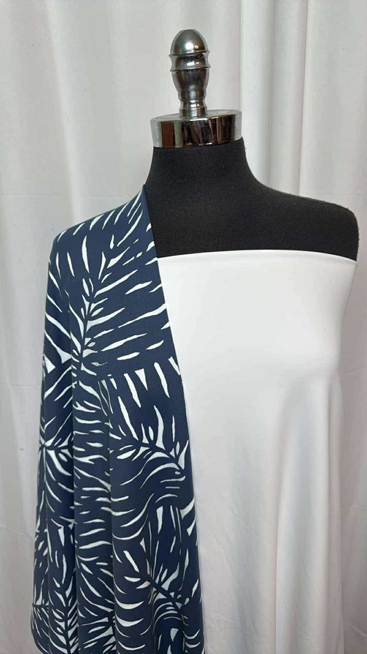 WHITE/NAVY LEAVES BUNDLE : 2YD White Yoga PF & 1.5YD Navy Leaves Supplex : A26979