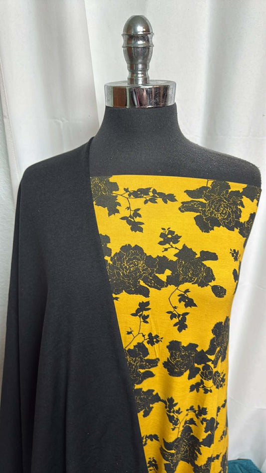 BLACK/YELLOW FLORAL BUNDLE : 2YD Yellow Floral Bamboo & 1YD Black 2-Tone Peached PF : A29615