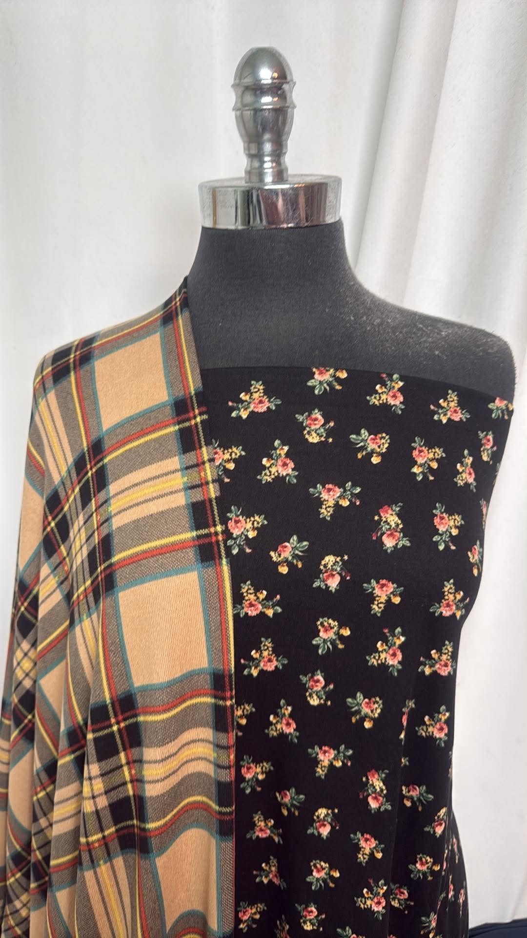 PLAID/BLACK FLORAL BUNDLE : 2YD Black Floral DBP & 2.5YD Plaid Oakley SK (Flaw..Read Descr.) : A30843