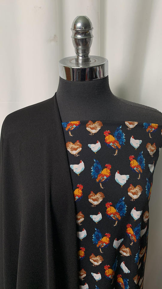BLACK/CHICKENS BUNDLE : 2YD Black Crepe Scuba & 2YD Chickens ITY : A25106