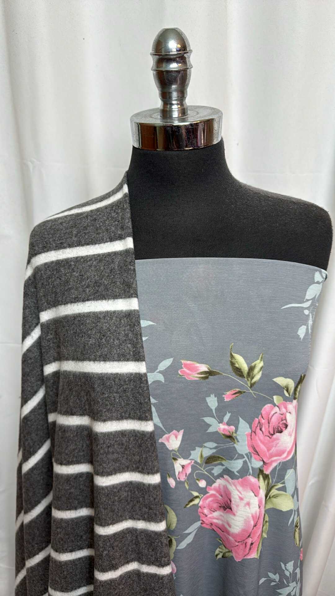 SILVER FLORAL/CHARCOAL STRIPE BUNDLE : 3YD Silver Floral Bulgari & 2YD Charcoal Stripe Brushed Hacci SK : A28279