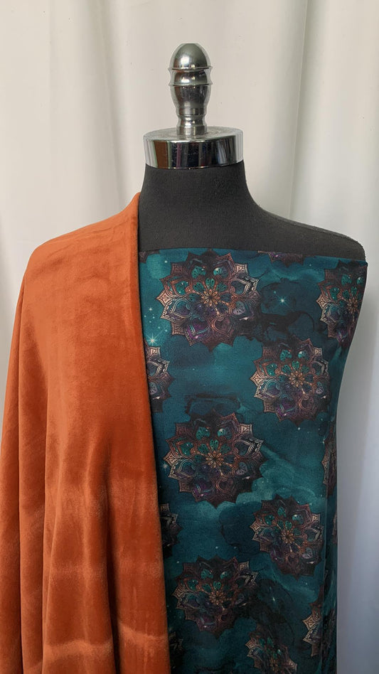 RUST MANDALA BUNDLE : 1.5YD Teal Mandala Peached PF (Flaw) & 2YD Rust Velvet Plush : A1533