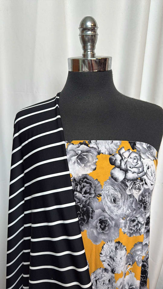 BLACK STRIPE/YELLOW FLORAL BUNDLE : 3YD Yellow Floral ITY & 1.5YD Black Stripe N/S : A27683