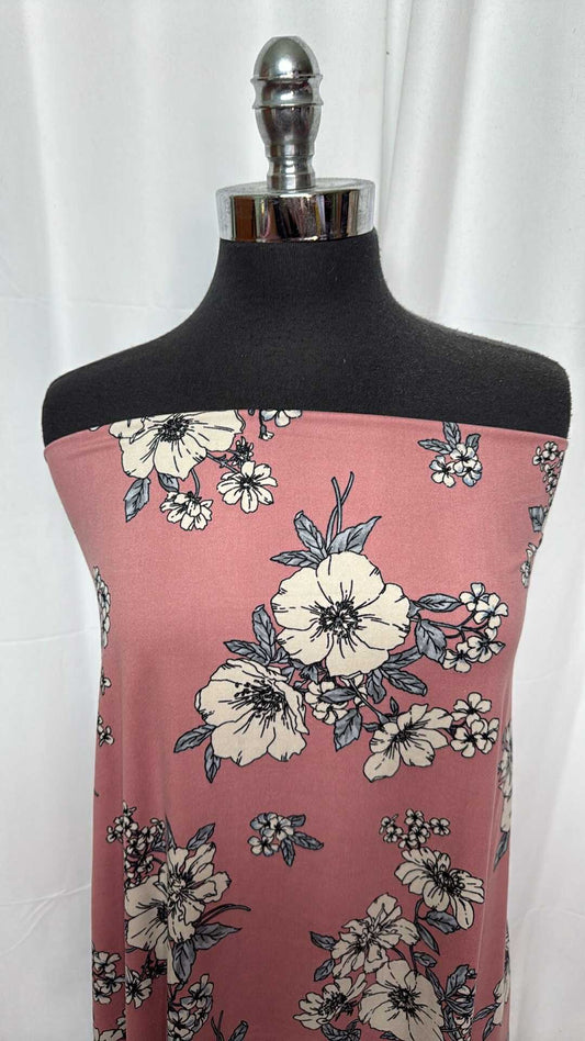 Mauve Floral - Double Brushed Poly Spandex - 2 Yard Cut