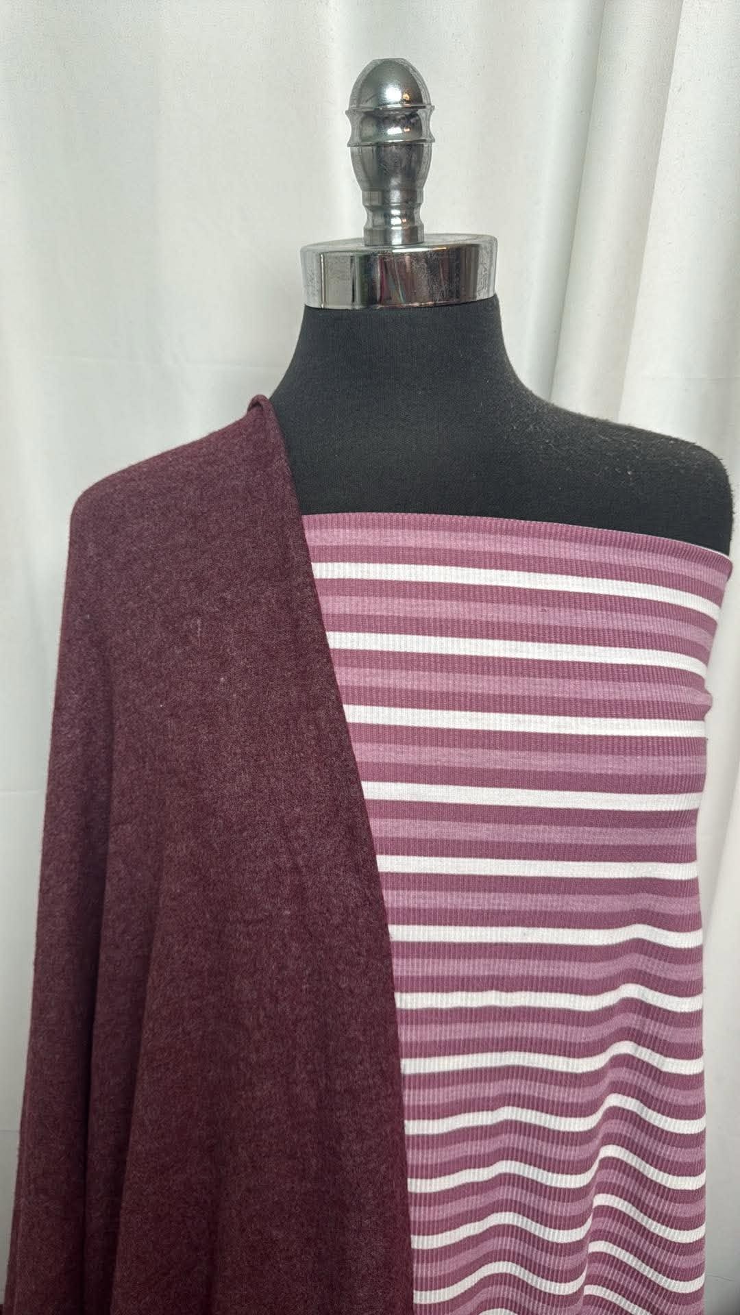 BURGUNDY/MAUVE STRIPE BUNDLE : 2YD Mauve Stripe R/S Rib & 3YD Burgundy Brushed Hacci SK : A30681