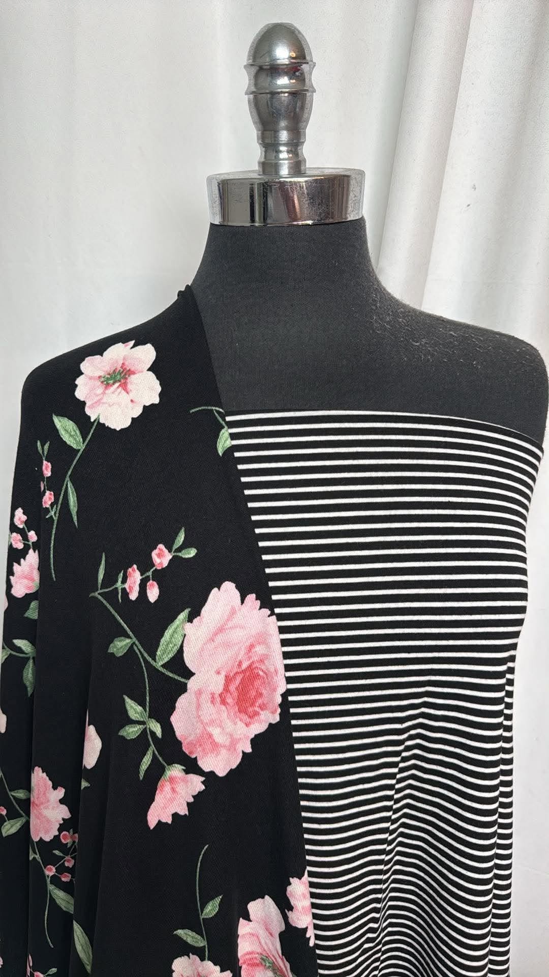 STRIPE/BLACK-PINK FLORAL BUNDLE : 1.5YD Black Stripe PRS Jersey & 2YD Black/Pink Floral Oakley SK : A30981