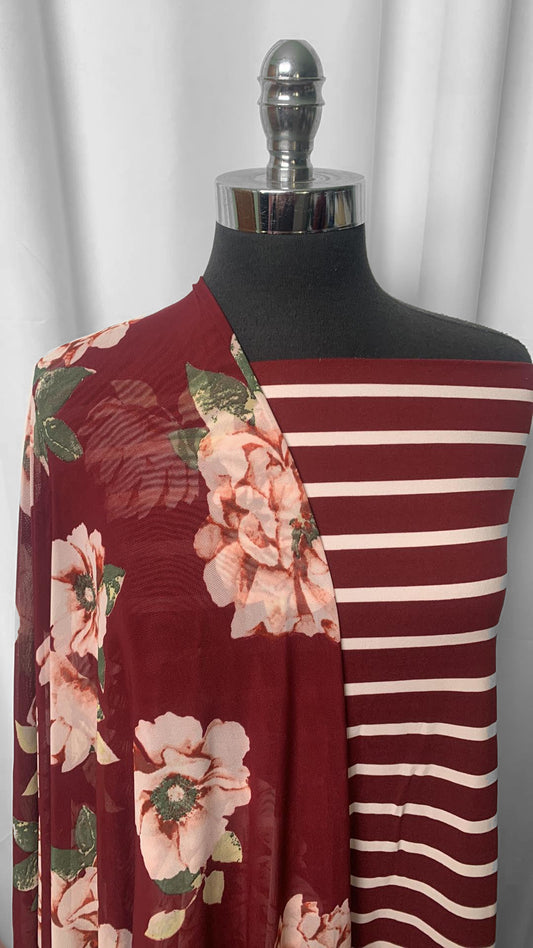 BURGUNDY FLORAL/STRIPE BUNDLE : 2YD Burgundy Stripe DBP & 2YD Floral Stretch Mesh : A24962