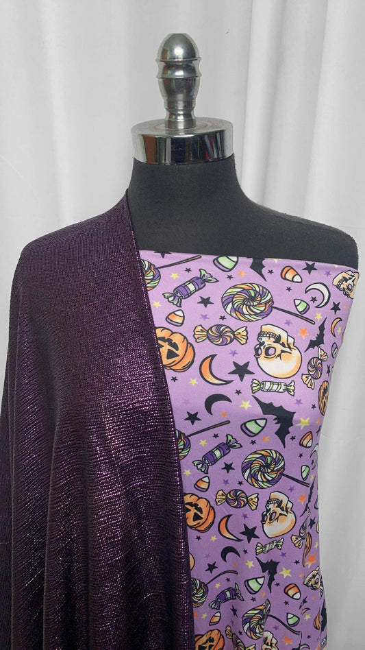 PURPLE FOIL/HALLOWEEN BUNDLE : 1YD Purple Halloween DBP & 1.5YD Purple Foil Poly Knit : A25555