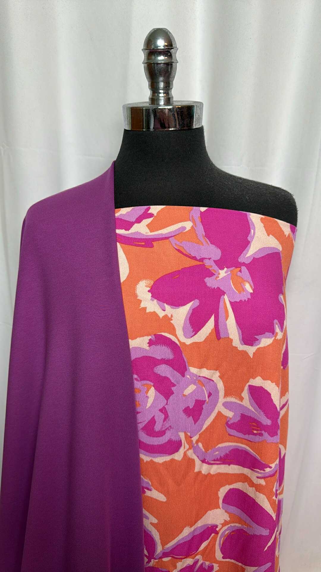 PURPLE/ORANGE FLORAL BUNDLE : 4.5YD Purple/Orange Floral Rayon Woven & 2YD Purple Ponte : A29291