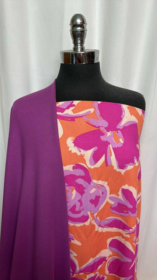 PURPLE/ORANGE FLORAL BUNDLE : 4.5YD Purple/Orange Floral Rayon Woven & 2YD Purple Ponte : A29291