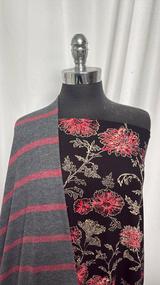 BLACK FLORAL/STRIPE BUNDLE : 2YD Black Floral DBP & 2YD Stripe Brushed Hacci SK : A31029