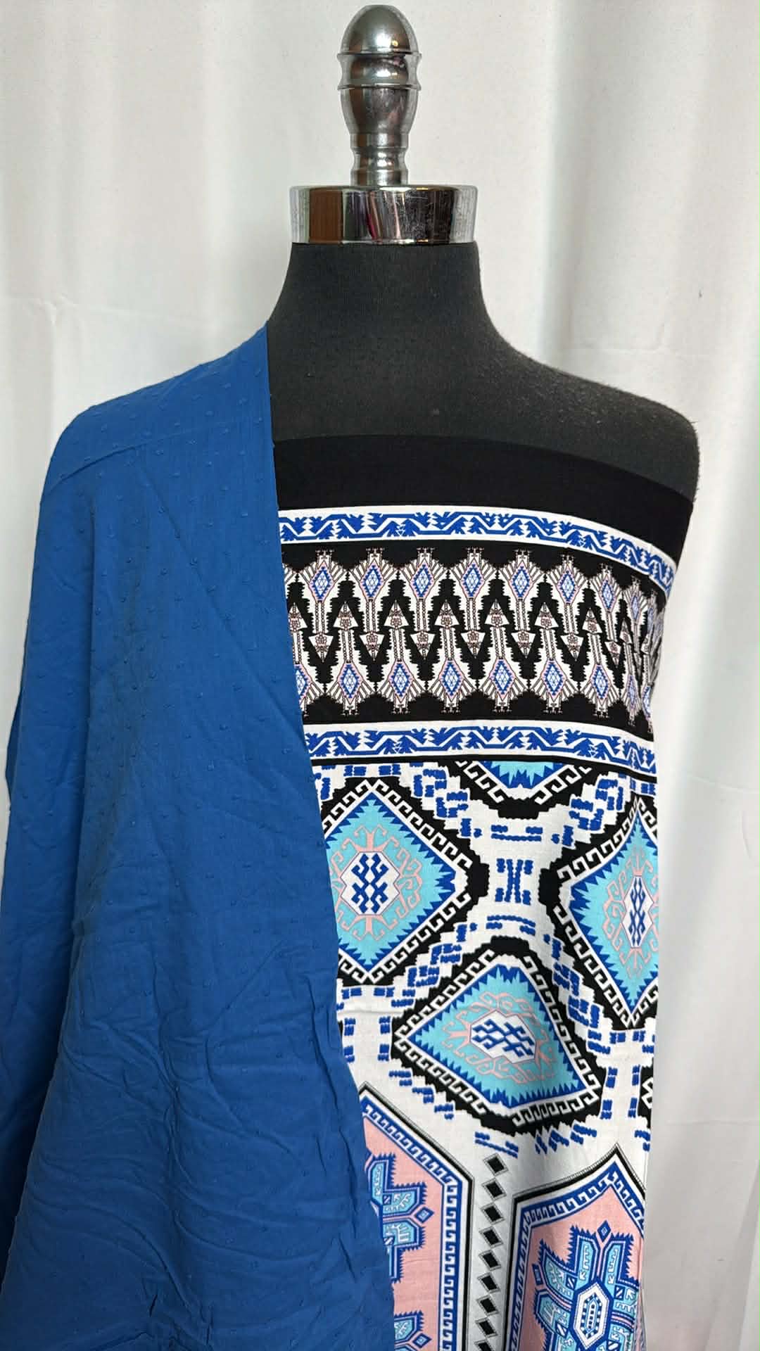 BLUE SWISS DOT/GEO BORDER BUNDLE : 2YD Geo Double-Border Rayon Challis & 2YD Blue Swiss Dot Woven : A29503