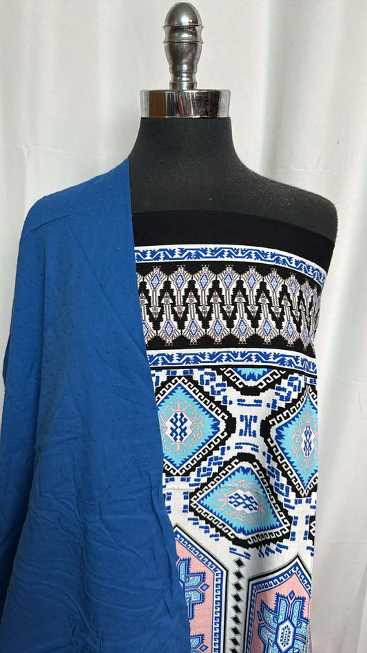 BLUE SWISS DOT/GEO BORDER BUNDLE : 2YD Geo Double-Border Rayon Challis & 2YD Blue Swiss Dot Woven : A29503