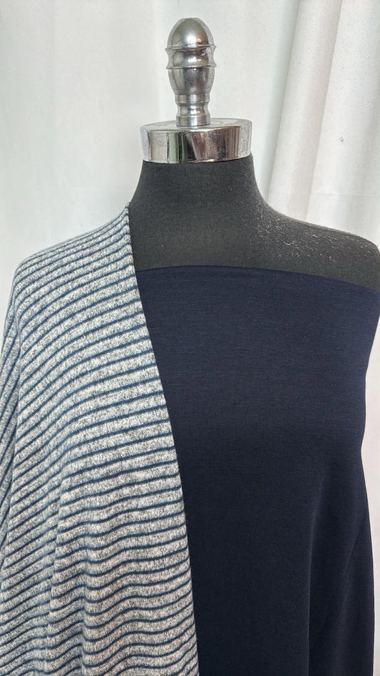 NAVY/GREY STRIPE BUNDLE : 1.5YD Navy/Grey Stripe Brushed Hacci SK & 2YD Navy Ponte : A31005