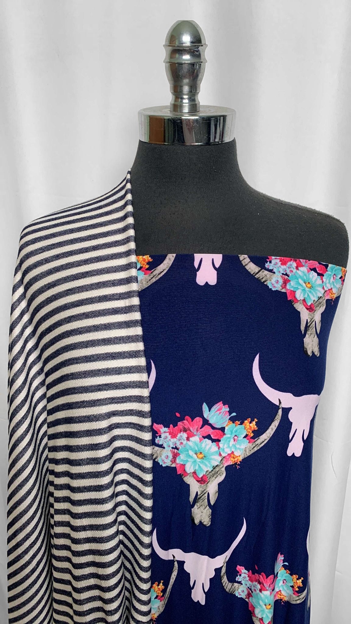FLORAL SKULL/STRIPE BUNDLE : 2YD Navy Floral/Skull SBP & 2YD Stripe Right-Side-Loop FT : A25741