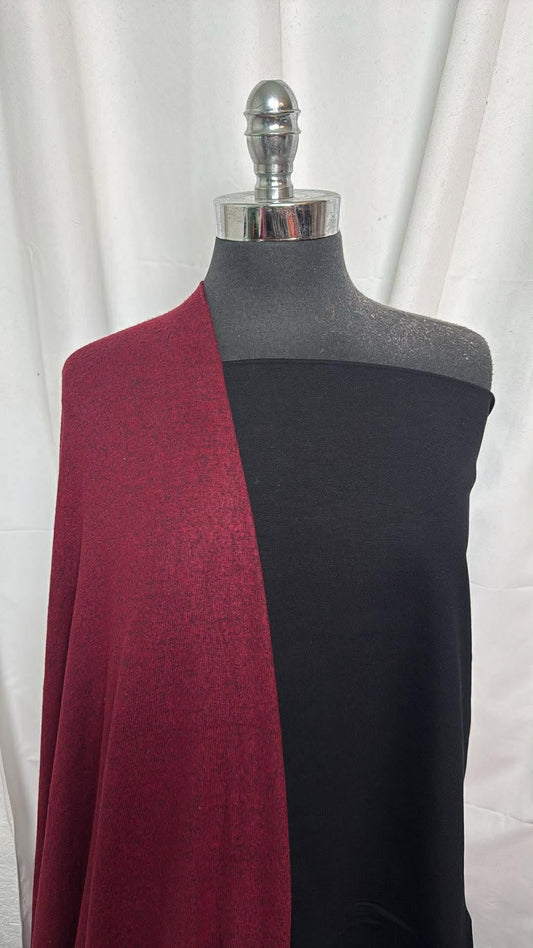 BLACK/BURGUNDY BUNDLE : 2YD Black Nylon Ponte & 3YD Burgundy Heathered Brushed Hacci SK : A30459