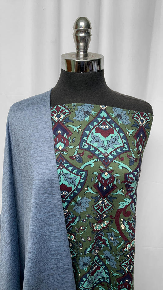 BLUE MÉLANGE/FLORAL BUNDLE : 1YD Olive/Blue Floral Peached PF & 1YD Blue Mélange Mid-Weight Peached PF : A25298
