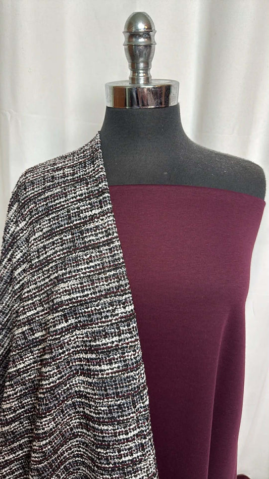 WINE/BLACK-WHITE DOUBKE KNIT BUNDLE : 2YD Wine Minky-Backed Jersey & 1.5YD Black/White Cotton-Blend DK : A29395