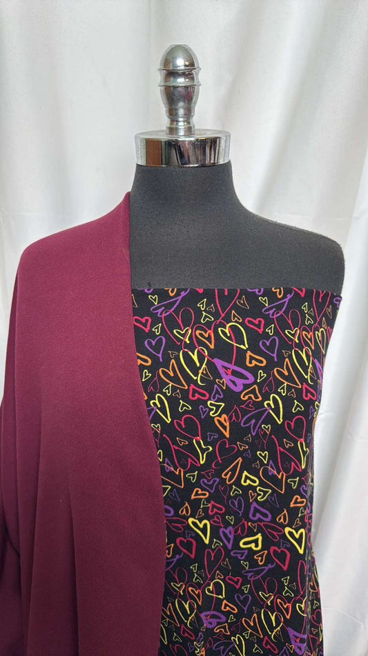 PLUM/HEARTS BUNDLE : 3YD Multi Hearts C/S & 1.5YD Plum Sweatshirt Fleece (72" Wide) : A26031