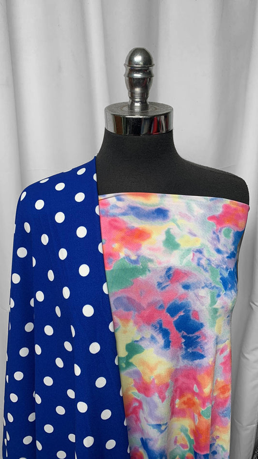 BLUE DOT/TIE DYE BUNDLE : 2YD Blue Dot Crepe Scuba & 1YD Tie Dye ITY : A25379