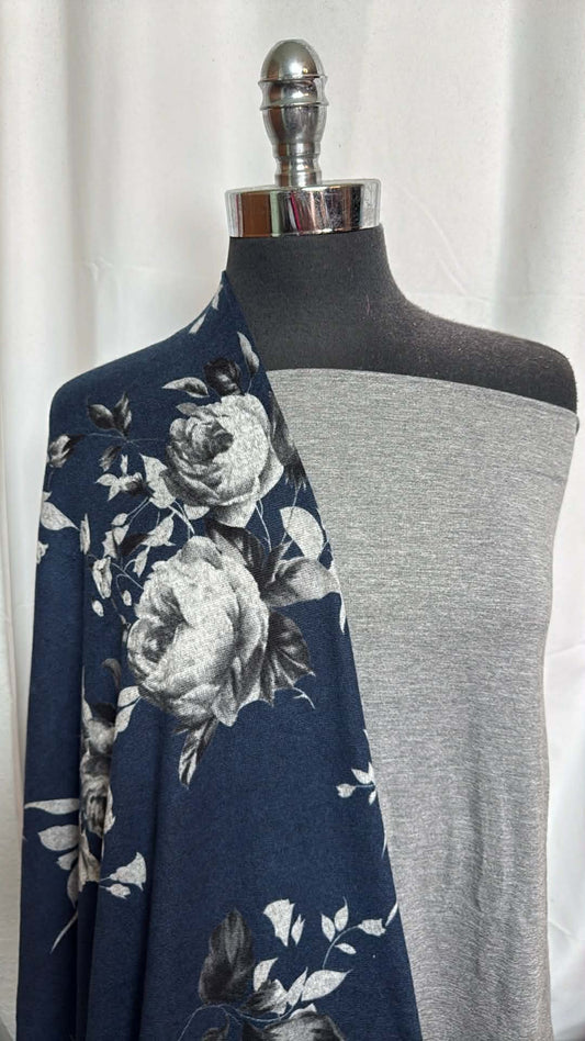 GREY/NAVY FLORAL BUNDLE : 2YD Grey Bamboo C/S FT & 2YD Navy Floral Brushed Hacci SK : A29858