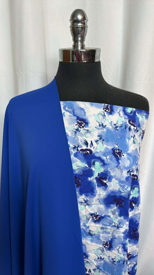 ROYAL/FLORAL BUNDLE : 1YD Royal N/S Swim & 2.5YD Floral Rayon/Linen-Blend Woven : A29560