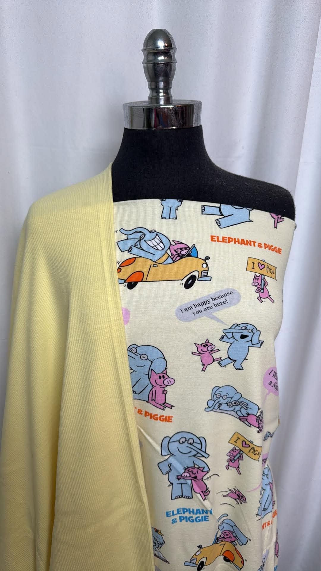 ELEPHANT & PIG BUNDLE : 2YD Elephant & Pig 1x1 Cotton Rib (Read Descr.) & 2YD Yellow Brushed C/S Rib : A30591