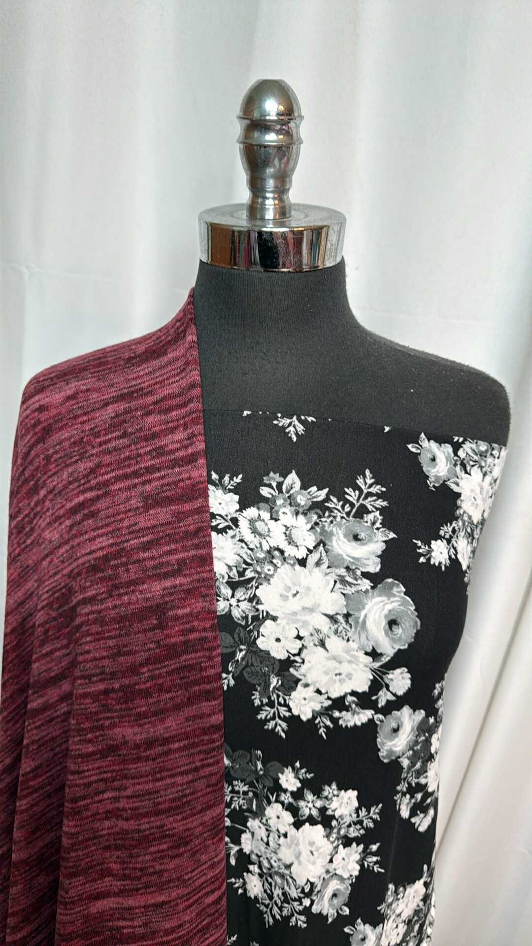 BURGUNDY/BLACK FLORAL BUNDLE : 2YD Black Floral DBP & 2YD Burgundy Brushed Hacci SK : A28659