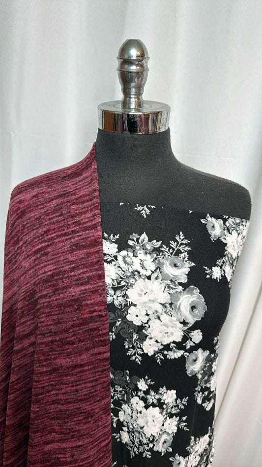 BURGUNDY/BLACK FLORAL BUNDLE : 2YD Black Floral DBP & 2YD Burgundy Brushed Hacci SK : A28659