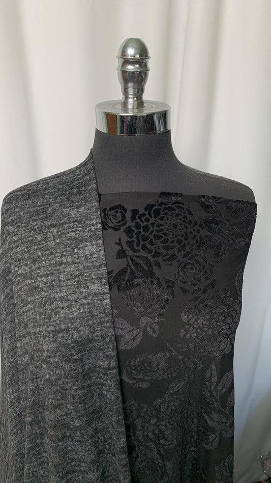 BLACK FLORAL BURNOUT BUNDLE : 1+YD Black Floral Velvet Burnout & 2YD Charcoal Brushed Hacci SK : A1958