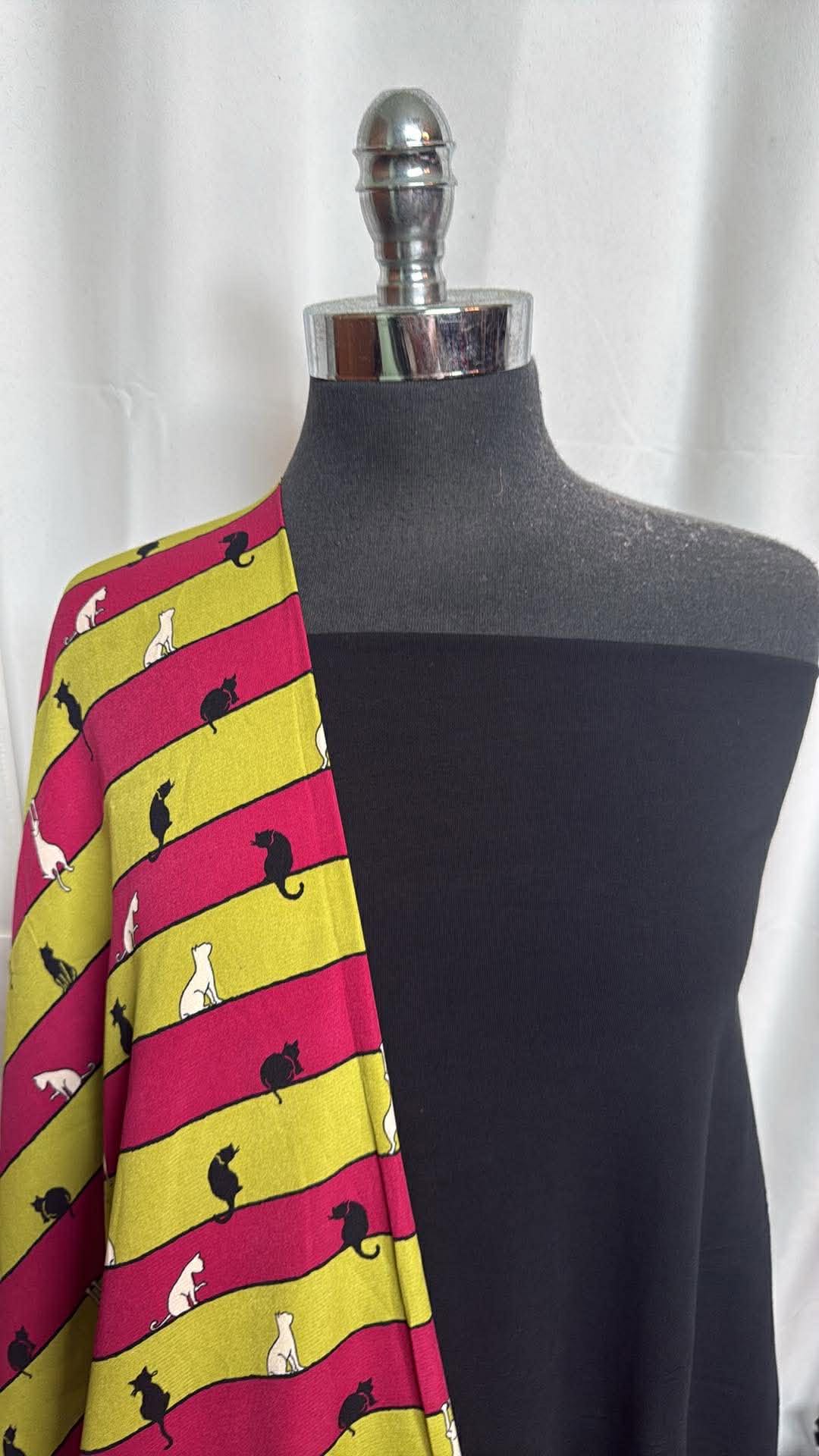 BLACK/CAT-STRIPE BUNDLE : 2YD Black Cotton/Modal/Spandex & 2YD Cat Stripe PWD (100% Poly) : A30008