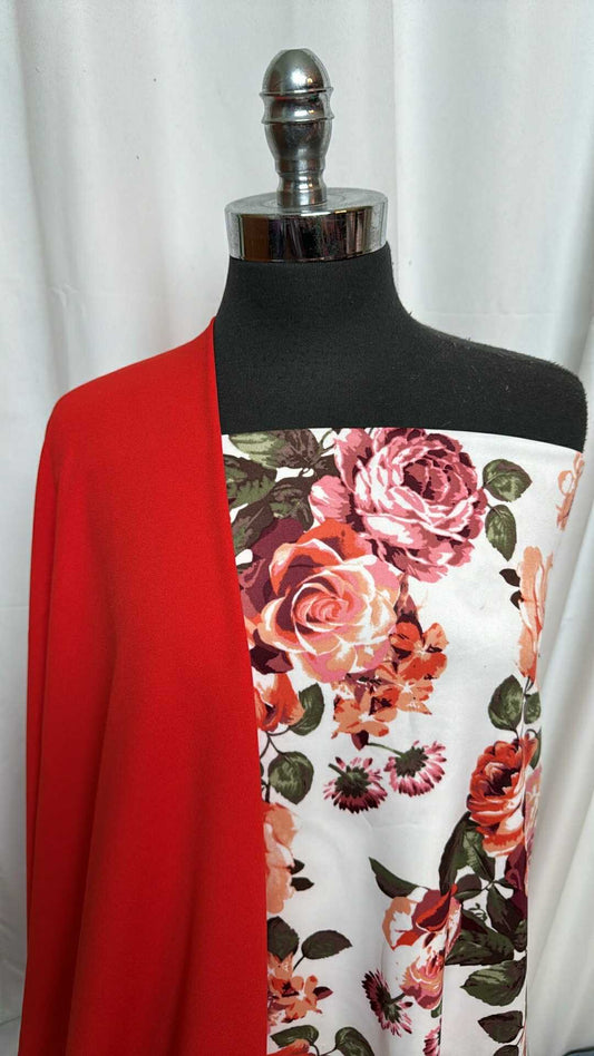 RED/WHITE FLORAL BUNDLE : 2YD White Floral Scuba & 2YD Red Crepe Scuba : A28333