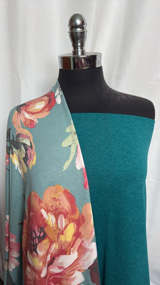 TEAL/FLORAL BUNDLE : 1+YD Heathered Teal Peached PF (Read Descr.) & 2YD Floral PRS FT : A29954