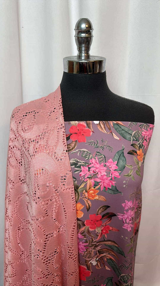 PURPLE FLORAL/"LACE" BUNDLE : 33" Cut of Purple Floral P/S PF & 2YD Pink P/S "Lace" : A26943