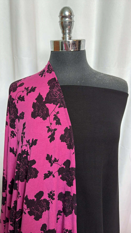 BLACK/PINK FLORAL BUNDLE : 2YD Black Heavy PRS Crepe Jersey & 2YD Pink Floral Bamboo/Spandex : A29461