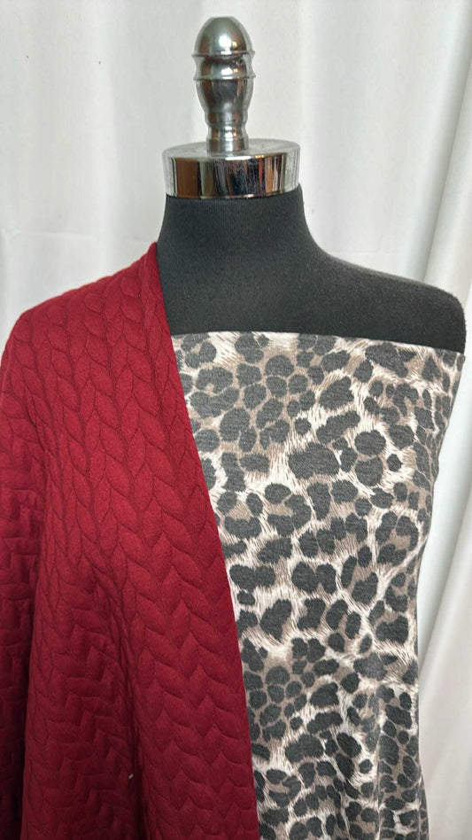 RED CABLE/LEOPARD BUNDLE : 2YD Red Cable Quilted & 2YD Leopard PRS Jersey : A28224