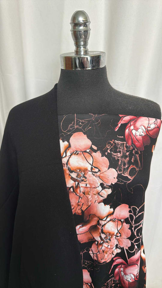 BLACK/ROSE GOLD FLORAL BUNDLE : 1YD Black/Rose Gold Floral Sport Fleece & 1.5YD Black Sweatshirt Fleece (72" Wide) : A29285