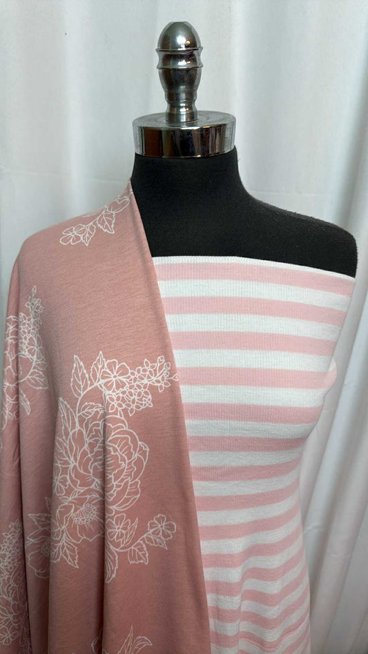 BLUSH FLORAL/STRIPE BUNDLE : 2YD Stripe Rib Knit & 1.5YD Blush Floral PRS FT : A28038